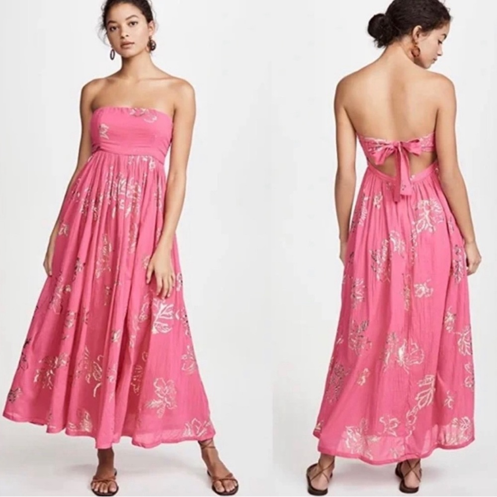 Free People Pink Strapless Midi Dress with Metallic Floral Print